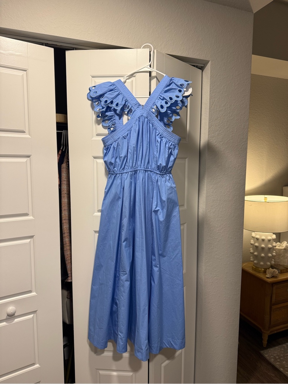 Blue Eyelet Strap Midi Dress